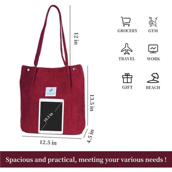 Women Corduroy Tote Bag Shoulder Bag Large Pocket Work Travel Beach Shopping Bag - Picture 2 of 7